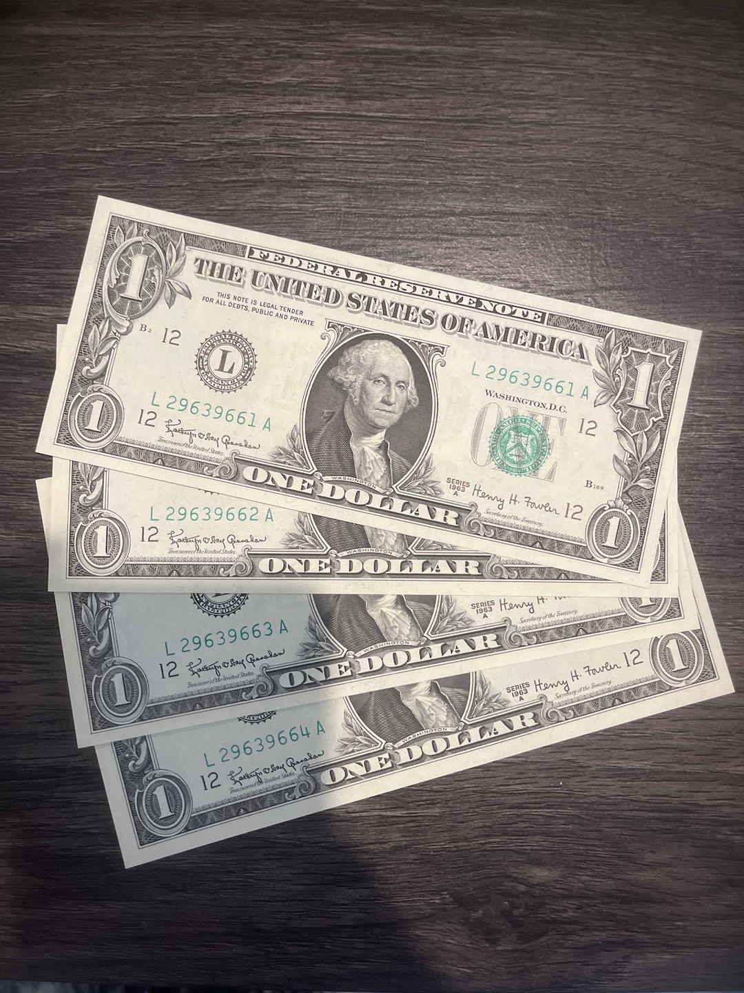 1963 1 Dollar Bills Lot of 4 Consecutive Federal Reserve Notes US Old