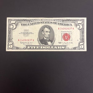 1963 Red Seal United States FIVE DOLLAR Bill United States Federal Reserve Note Rare Currency
