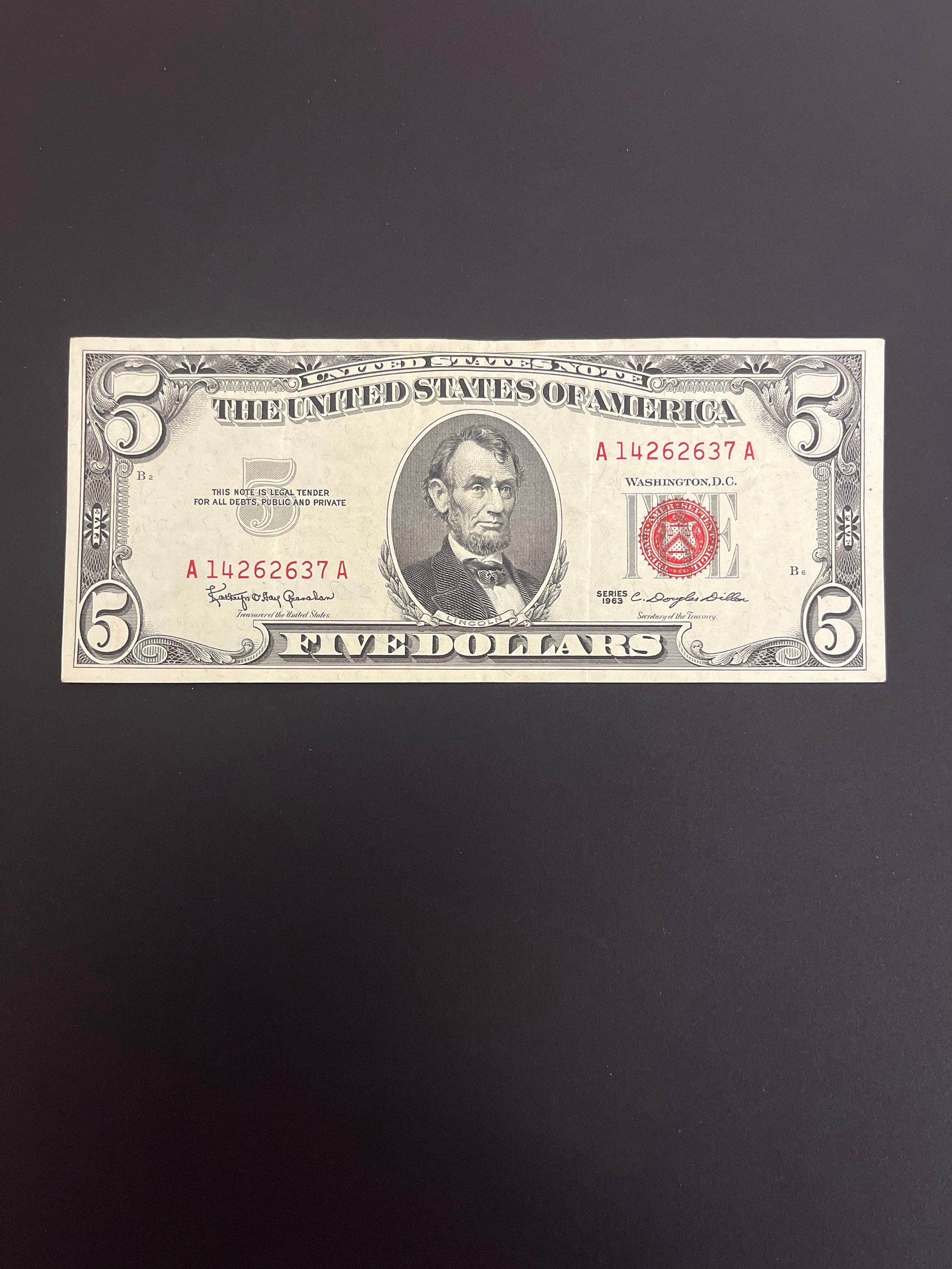 1963 or 1953 Red Seal United States FIVE DOLLAR Bill United States Federal Reserve Note Rare Currency