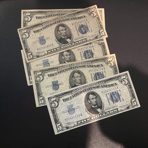 1934 5 Dollar Silver Certificate Old US Paper Money