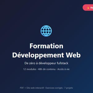 Op de afbeelding: Een donkerblauwe digitale afbeelding voor een webontwikkelingscursus genaamd Formation Développement Web, met een wereldbolpictogram, een rode Nouveau-badge en tekst over 12 modules, 48 uur inhoud, levenslange toegang, PDF, interactieve site, oefeningen en 7 projecten.