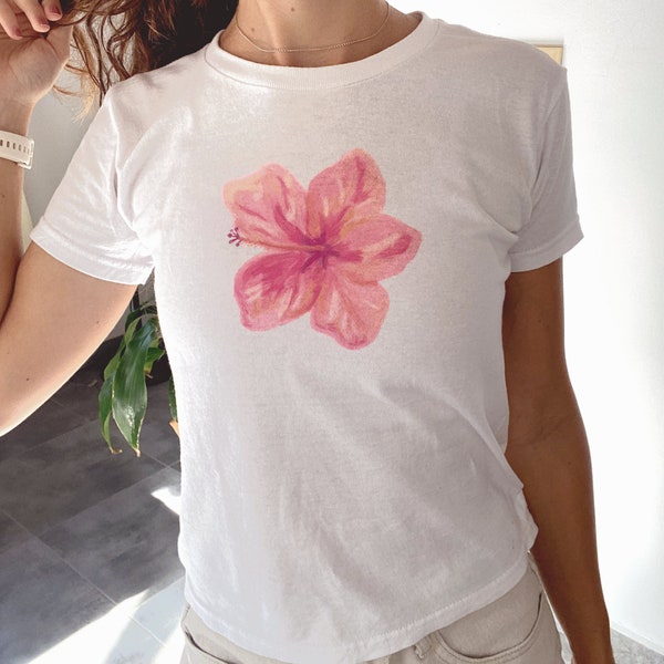 Hibiscus Y2K Baby Tee, Flower Cotton Graphic Tee, Eco Friendly Ink, Coconut Girl Aesthetic, Summer Top, 90s 2000 Cropped T-Shirt