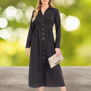 Minimalist Black Formal Dress, Long Sleeves Button Up Collared Shirt Dress, Maxi Dress