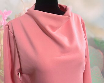 Women's Pink Cowl Neck Blouse, Chic Valentines Top, Fitted Blouse, Pink Long Sleeve Blouse, 70s Style, Stylish Work Clothes, Petite Size