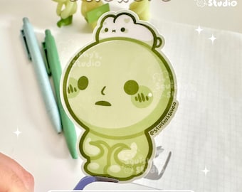 Cute Green Guy With Bunny On Head Smisk Sticker | Kawaii Green Guys Sticker |Funny Kawaii Cute Stickers |Laptop/Water Bottle/Journal Sticker