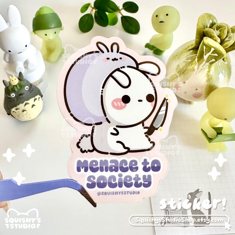 Menace To Society Kawaii Bunny Sticker | Rabbit/Bunny Holding Knife Sticker | Kawaii/Funny/Cute Stickers | Laptop/Water Bottle/Car Stickers image 1