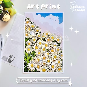 Aesthetic Daisy Flower Bush With Mini Chiikawa Characters Art Print | 5.5in-8.5in Art Print | Kawaii/Funny/Cute Art Prints