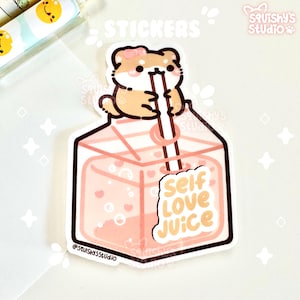 Self Love Juice Shiba Dog Sipping Juice Box Sticker | Kawaii Shiba Dog Stickers | Funny Kawaii Cute Stickers | Laptop/Water Bottle Stickers