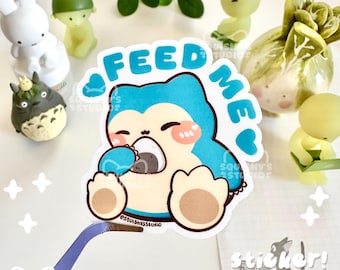 Feed Me Cute Snorlax Holding Onigiri Sticker | Cute Chibi Snorlax Stickers | Kawaii/Funny/Cute Stickers