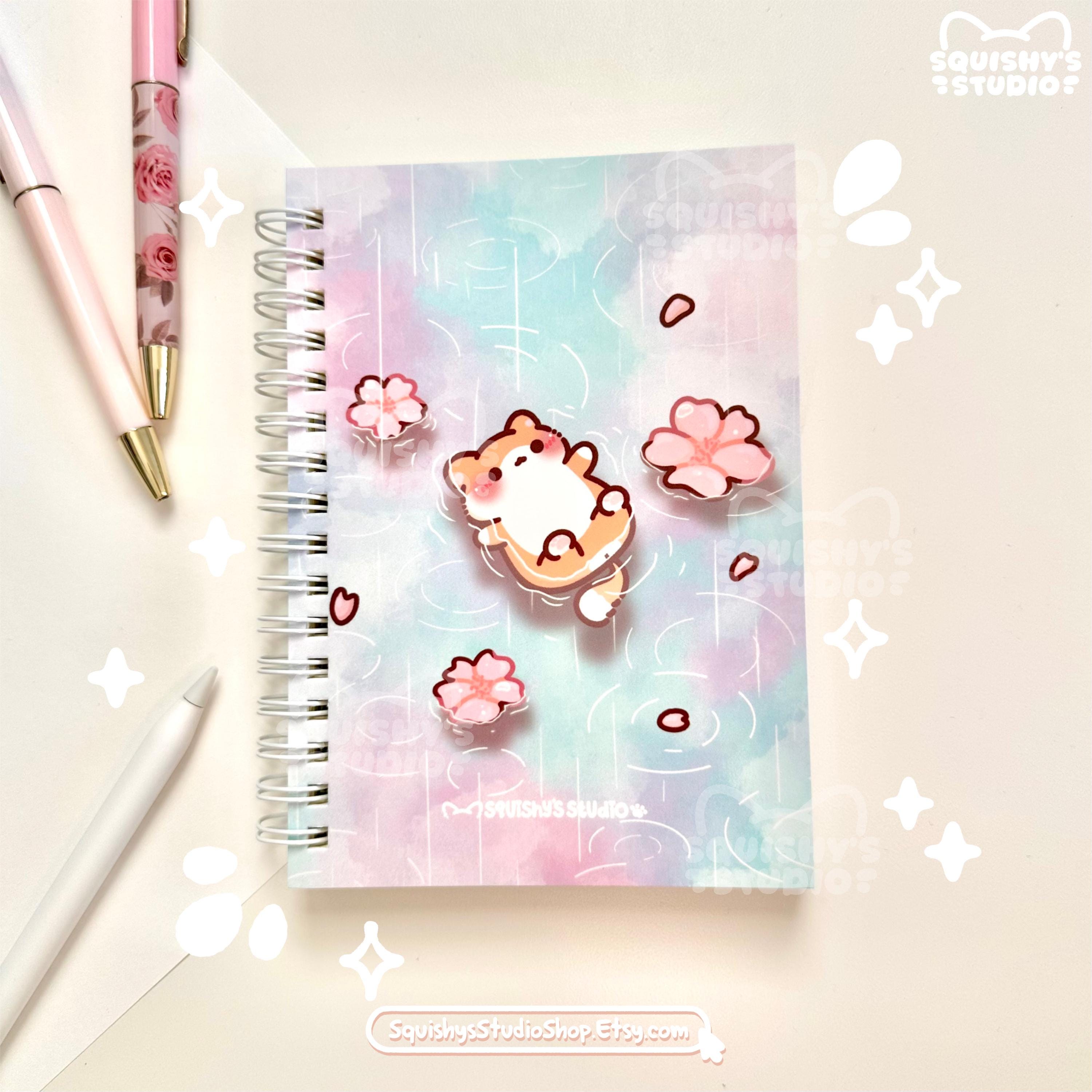 Raining Cherry Blossom With Floating Dog/Cat Spiral Notebook 100 Sheets A6 Size | Funny Kawaii Cute Line Page NOTEBOOK