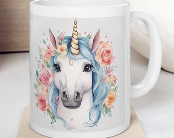 Cute unicorn mug, watercolor unicorn mug, Gift mug, coffee mug, office mug,   unicorn art  mug, unicorn with flowers , 11 oz mug