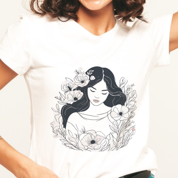 Camiseta con cara de mujer, camiseta con cara de mujer minimalista, cara de mujer con flores, camiseta de arte lineal, camiseta de algodón