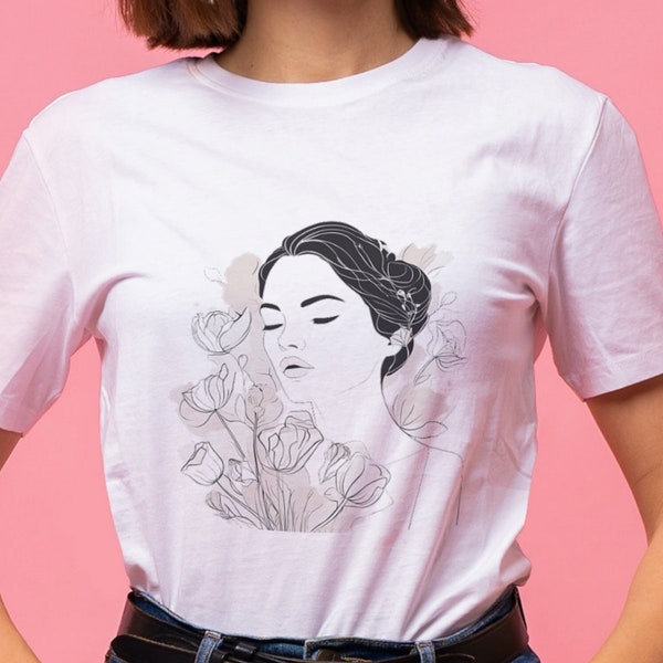 Camiseta con cara de mujer, camiseta con cara de mujer minimalista, cara de mujer con flores, camiseta con arte lineal