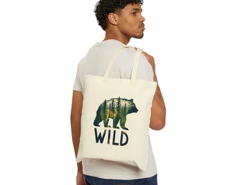 Bolso de mano con oso grizzly, bolso con oso salvaje, bolso de algodón animal, oso en el bosque Bolsa estampada de tela