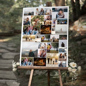 Op de afbeelding: Een collage van foto's gedrukt op een wit canvas, met verschillende mensen in verschillende omgevingen. De foto's zijn gerangschikt in een rasterpatroon, waarbij elke foto een andere groep mensen of een enkele persoon laat zien. De foto's zijn allemaal in kleur en van goede kwaliteit.