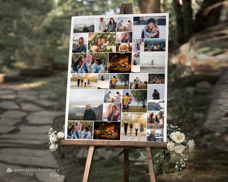 Op de afbeelding: Een collage van foto's gedrukt op een wit canvas, met verschillende mensen in verschillende omgevingen. De foto's zijn gerangschikt in een rasterpatroon, waarbij elke foto een andere groep mensen of een enkele persoon laat zien. De foto's zijn allemaal in kleur en van goede kwaliteit.