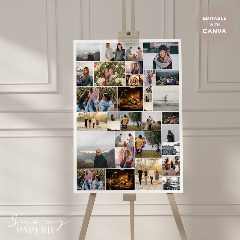 Op de afbeelding: Een collage van foto's met een groep mensen in verschillende omgevingen, waaronder een strand, een park en een restaurant. De foto's zijn in een rasterpatroon gerangschikt en zijn afgedrukt op een witte achtergrond. De collage is ingelijst en klaar om aan een muur te worden gehangen.
