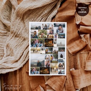 Op de afbeelding: Een collage van 36 foto's met een groep mensen die genieten van verschillende buitenactiviteiten, waaronder wandelen, kamperen en tijd doorbrengen aan het water. De foto's zijn in een rasterpatroon gerangschikt en zijn afgedrukt op een witte achtergrond. De tekst "Editable with Canva" staat in de rechterbovenhoek van de afbeelding.
