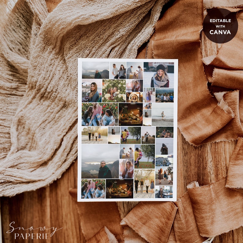 Op de afbeelding: Een collage van 36 foto's met een groep mensen die genieten van verschillende buitenactiviteiten, waaronder wandelen, kamperen en tijd doorbrengen aan het water. De foto's zijn in een rasterpatroon gerangschikt en zijn afgedrukt op een witte achtergrond. De tekst "Editable with Canva" staat in de rechterbovenhoek van de afbeelding.