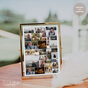 Op de afbeelding: Een ingelijste collage van foto's met een stel en hun vrienden. De foto's zijn in een rasterpatroon gerangschikt en tonen het stel in verschillende omgevingen, waaronder buitensc&egrave;nes, binnenruimtes en reisbestemmingen. De lijst is goudkleurig en heeft een witte passe-partout.