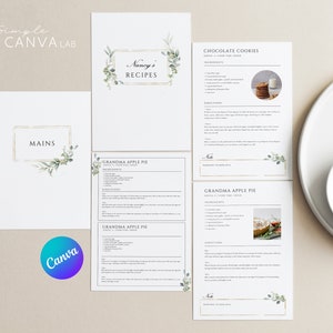 A4 A5 CANVA recipe template Canva Gold and Greenery A4 Recipe Template Editable Gold frame Printable Recipe Template Green leaf cookbook