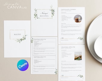 8.5x11 CANVA recipe template 5.5x8.5 Canva Gold and Greenery Recipe Template Editable Gold frame Printable Recipe Green leaf cookbook cards