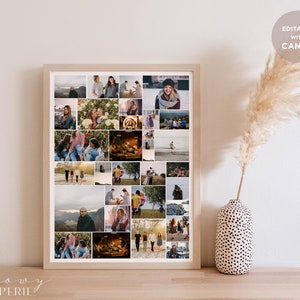 Op de afbeelding: Een ingelijste collage van foto's met een groep mensen in verschillende omgevingen, waaronder buitenlandschappen, stadsgezichten en binnenruimtes. De collage is gerangschikt in een raster met een witte achtergrond en een houten lijst.