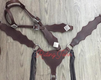 Western Brown Leather Tack Set Of Headstall and Breast Colllar