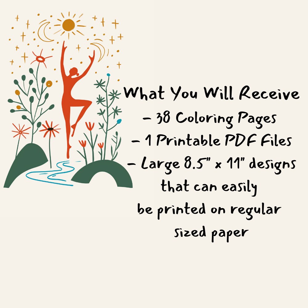 Yoga and Meditation in Nature Coloring Book, 38 Digital Coloring Book