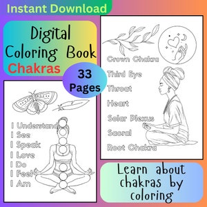Chakra Coloring Book Pages, 33 Digital Coloring Book Pages, Adults Coloring Book, Mindfulness, Learn about Chakras, Spiritual