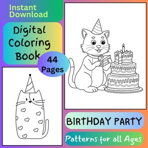 Digital Coloring Book Birthday Party, 44 Digital Coloring Book Pages, Kids Coloring Book, Adults Coloring Book, Relaxing Coloring
