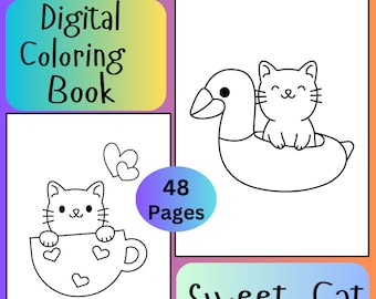 Op de afbeelding: Een zwart-wit digitaal kleurboek met een schattige kat in verschillende poses. Het boek heeft 48 pagina's en heet "Sweet Cat".