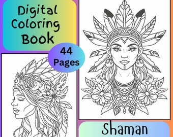 May include: A black and white line art illustration of a Native American woman wearing a headdress with feathers. The woman has a necklace and earrings. The image is titled "Shaman Woman".