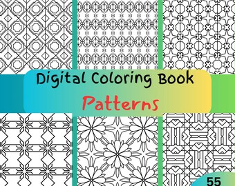 May include: A digital coloring book with 55 pages of black and white geometric patterns. The cover features a collage of six different patterns.