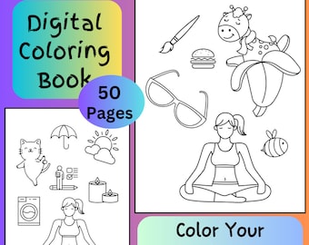 Può includere: Libro da colorare digitale in bianco e nero con 50 pagine. La copertina presenta una donna che medita con una giraffa, un pennello, un hamburger, occhiali e un'ape. Il testo sulla copertina recita "Color Your Meditation".