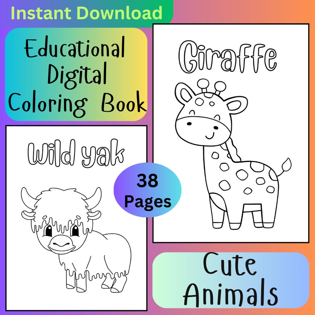 Digital Coloring Book Cute Wild Animals, 38 Digital Coloring Book Pages ...