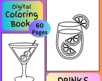May include: A black and white coloring page featuring two different types of drinks. The first drink is a martini glass with olives. The second drink is a glass with a slice of lemon. The text "DRINKS" is at the bottom of the page.