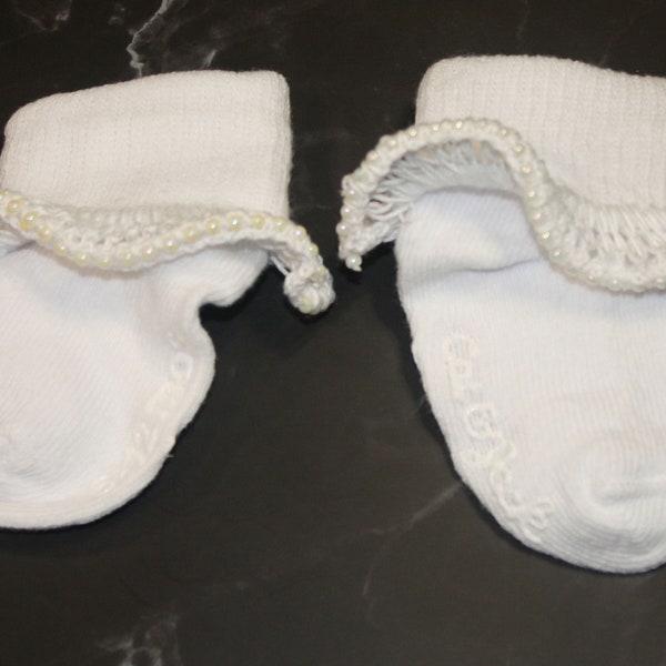 Crochet Beaded Ruffle Trim Socks 0 - 6 Month
