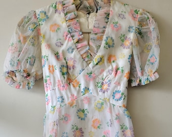Vintage 60er Jahre Babydoll Kleid bunt Regenbogen pastell Blumen Print Weiß Mini Kleid