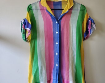 90s Vintage Bunt Gestreiftes Kurzarm Shirt Top