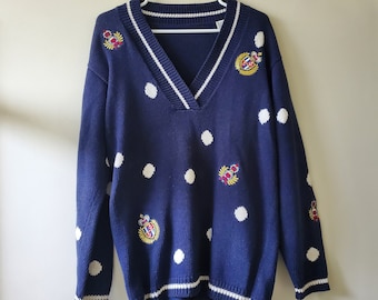 Vintage 90s Navy Blue Polka Dot V-Neck Knit Sweater