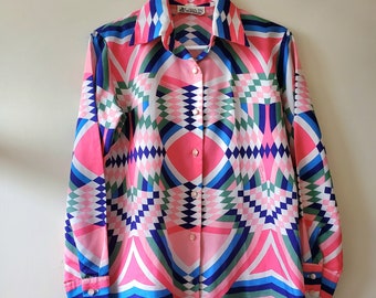 Vintage Designer 70er Jahre Lanvin Mod Retro Print Button Up Bluse mit Kragen