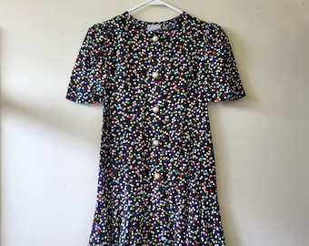 Vintage 80s 90s Colorful Rainbow Polka Dot Black Mini Dress