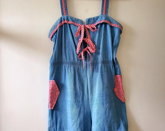 Vintage 70er Jahre Jeans Shorts Romper Overall mit Gingham Details