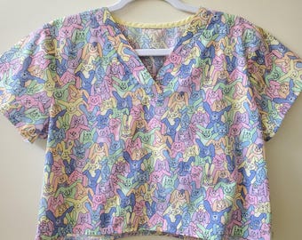 Vintage 90s Novelty Print Pastel Bunnies Rabbits Crop Top