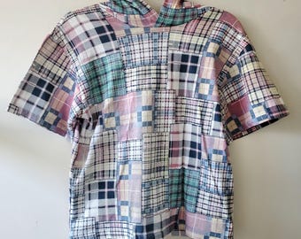 Vintage 90er Jahre Patchwork Mixed Plaid Print gemustertes Baumwoll T-Shirt mit Hoodie