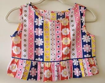 Vintage 60er Jahre Retro Mod Flower Power Buntes Blumen Print Crop Top 100% Baumwolle