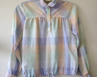 Vintage 80er/90er Jahre Pastell Gingham Karo Kragen Bluse Shirt