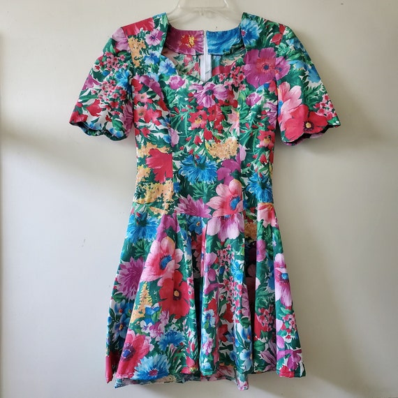 Vintage Floral Print Dress, Colorful Garden Floral