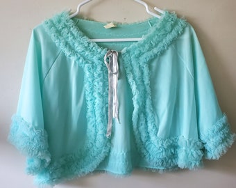 Vintage 60er Jahre Lingerie Tiffany Blau Coquette Bett Jacke Rüschen Top